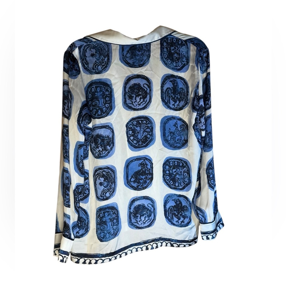 Zara ZW Collection Navy White Printed Button Up Satiny Type Career Blouse Sz M - Picture 3 of 9